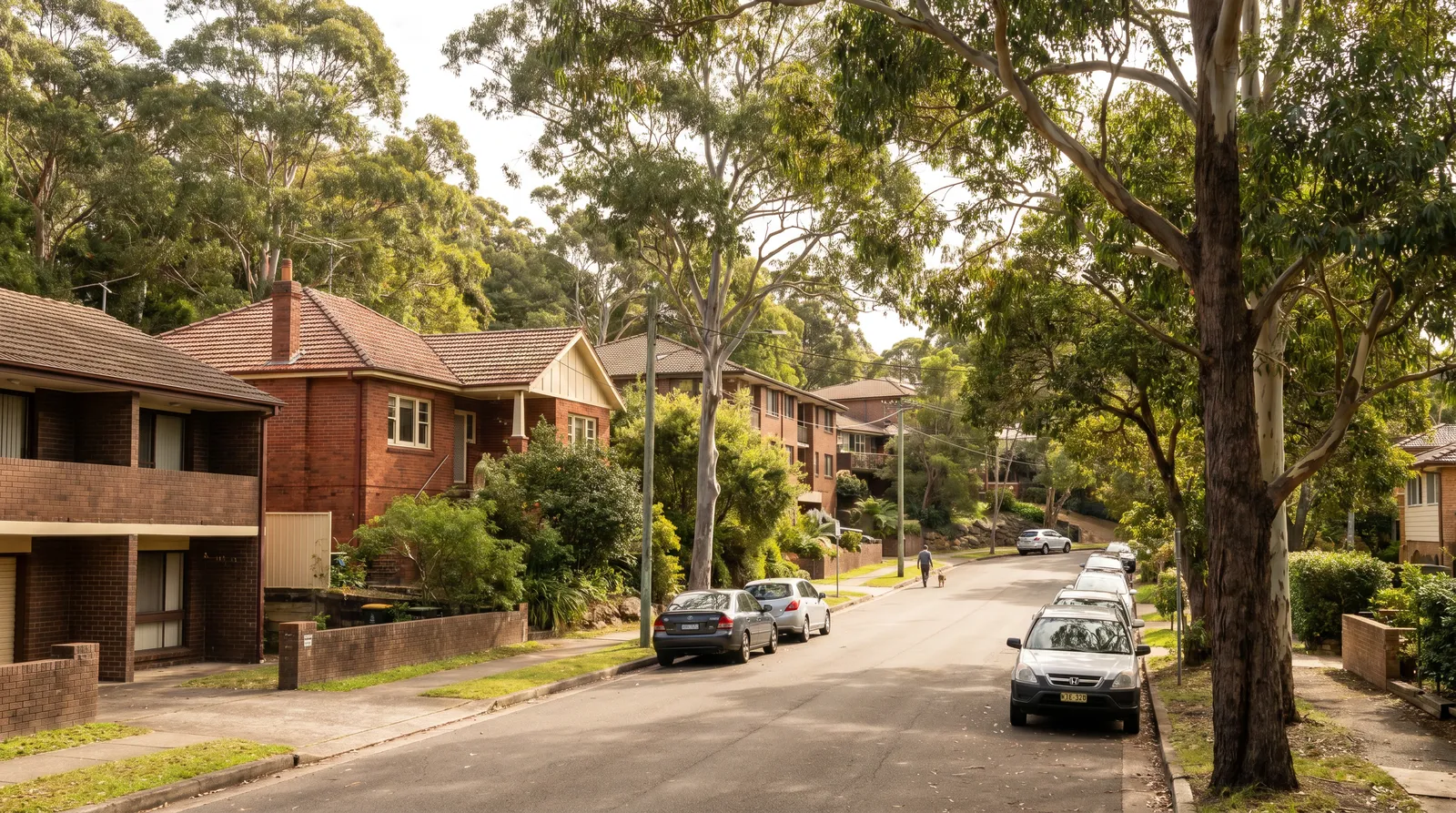 Suburban street stepping downhill in Forestville with mixed brick homes
