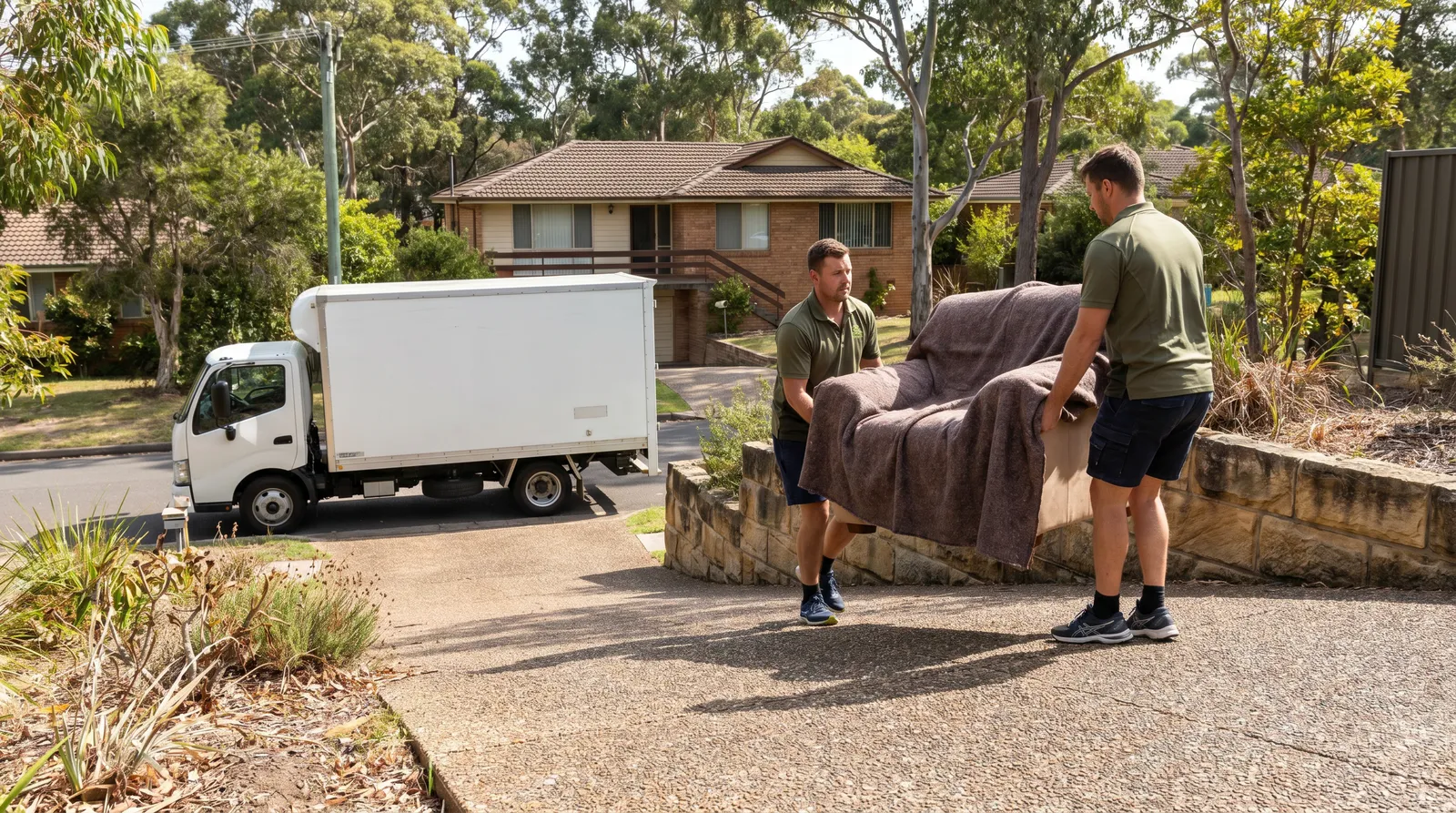 Two removalists carrying a blanket-wrapped armchair down a long sloping driveway toward a truck parked at the kerb