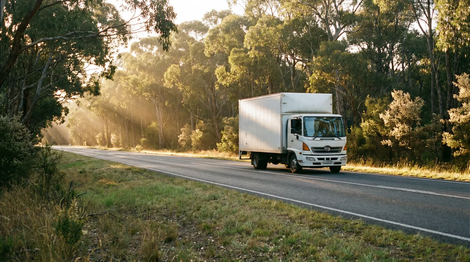 White removal truck travelling on an empty divided highway at dawn