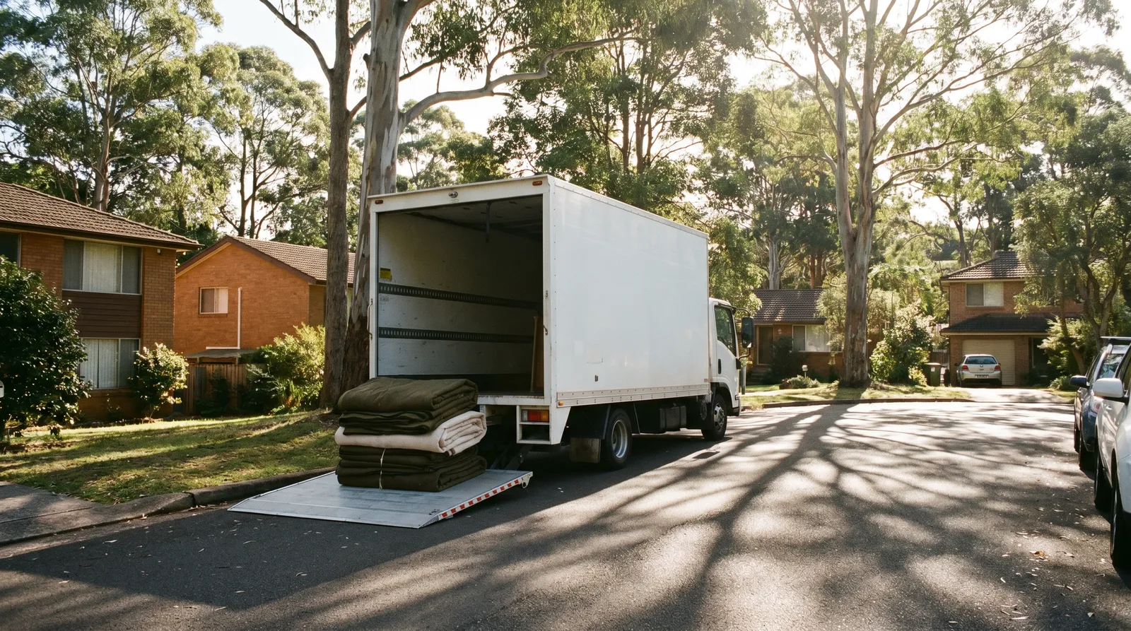 White removal truck parked at the kerb of a quiet leafy cul-de-sac with the tail-lift lowered