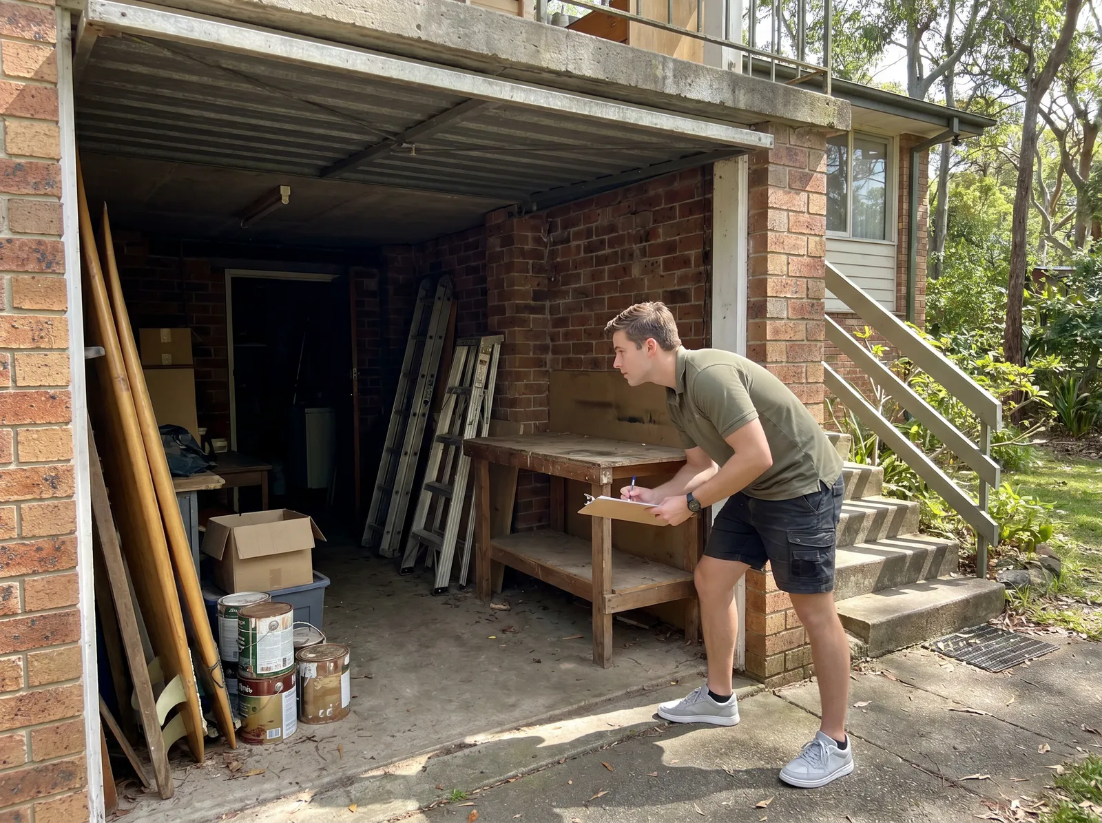Removalist assessing an under-house storage area beneath a split-level home